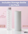 Portable Breast Milk Cooler Keeps Infant Formula And Breastmilk Icy Fresh For Up To 15 Hours With Triple Wall Vacuum Insulation Stainless Steel Build And Bpa Free Bottle Plus Ice Pack For No Sweat Road Trips. Includes 9 oz storage bottle and ice pack.