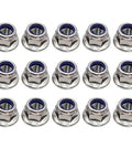 Durable M8x1.25 Flange Nylon Lock Nuts In 304 Stainless Steel, 15 Pack, arranged in grid, visible blue nylon ring