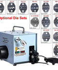 Heavy Duty Electric Crimping Tool 60 Watt Cold Presser with interchangeable die sets, showing various die sizes for electrical projects.
