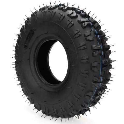 Close-up of 2 Pack 4.10-4 410-4 4.10/3.50-4 Inner Tubes, display showing durable black rubber material and tire tread pattern.