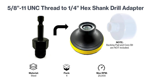 Precision Machined Heavy Duty 5/8 To 1/4 Inch Hex Shank Drill Adapter showing steel construction and connection details for core bits.