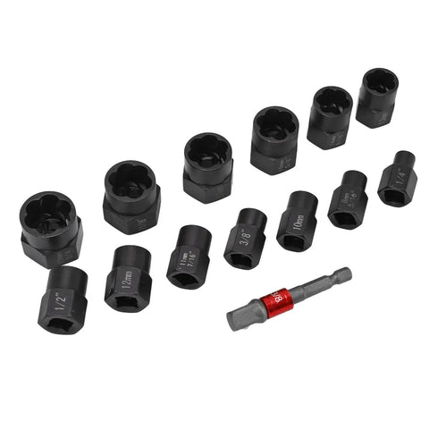 14Pcs Nut Remover Extractor Kit For Damaged Bolts And Rusty Nuts 3/8in Hex Socket Set displayed on white background