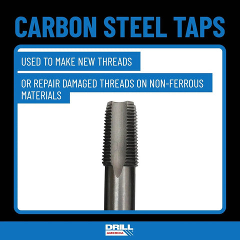 POU Series One Quarter Inch Carbon Steel NPT Pipe Tap And Seven Sixteenth Inch High Speed Steel Drill Bit Set In Plastic Pouch For Re threading Damaged Pipe Threads Black Oxide Drill Bit For Fast Portable Jobsite Drilling shown with carbon steel tap.