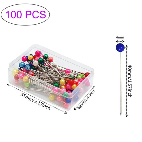 100 colorful glass ball head pins in box, Ultimate 140 Piece Sewing Tool Set With Tomato Pin Cushion Glass Ball Head Pins Self Threading Needles