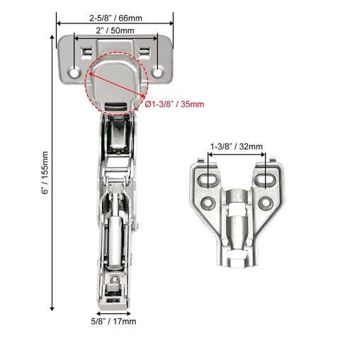 Two Pack 165 Degree Concealed Hydraulic Cabinet Hinges With Soft Close And 3D Adjustable Clip On Mounting dimensions