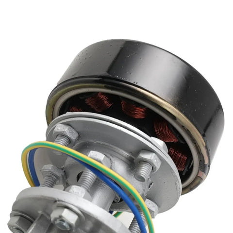 Close-up of copper coil component of Portable 1kW Micro Hydroelectric Generator With Aluminum Alloy Turbine And LED Lights.