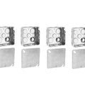 Heavy Duty Galvanized Steel 4X4 Square Junction Boxes With Cover Four Pack showing multiple knockouts and flat cover plates.