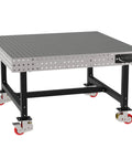 Bombproof Welding Fixture Table With Locking Casters Rock Solid 60 By 60 Laser Etched Grid And 36 Inch Height view with mobile design and sturdy frame.