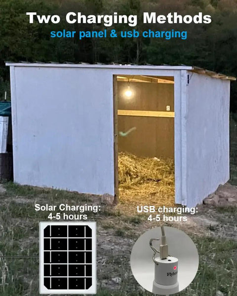 Portable Solar Light Bulb With Timer For Home And Chicken Coop illuminating small shed, two charging methods shown.