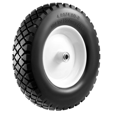 Wheelbarrow tire side view; black solid tire with white rim, size 4.80/4.00-8