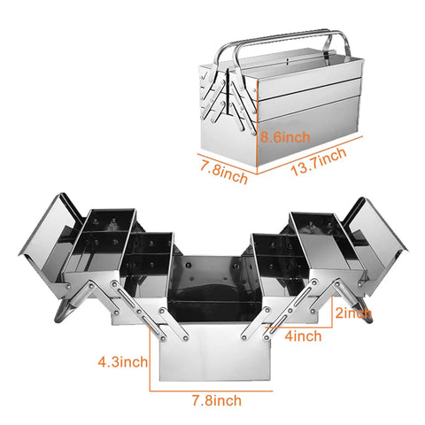 Cantilever Tool Box With Folding Clamshell Design, Pro Grade Stainless Steel Grab And Go Portable Storage Carrier dimensions shown
