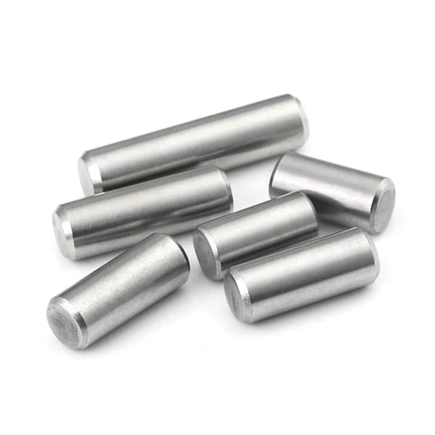 Front view of 304 Stainless Steel Cylindrical Pin Locating Dowel Set, 12 mm diameter, solid shaft, GB119 compliance, 6 pins displayed