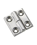 Close-up view of a 304 stainless steel detachable hinge with four mounting holes.