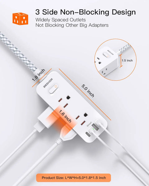 10 In 1 Power Strip With USB C And 6 Outlets, 4 USB Ports, 2 USB C, 5 Ft Extension Cord, 3 Sided Outlet Extender, Wall Mount shown