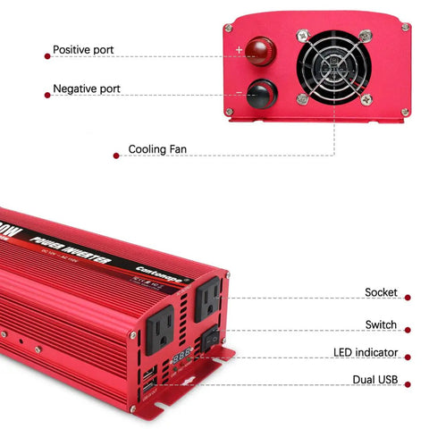Heavy Duty 1500 Watt Power Inverter DC To AC Converter With Dual Household Outlets And Fast Usb Charging rear ports layout