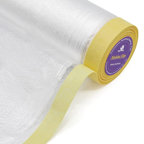 Close-up of Six Rolls Pre Taped Masking Film Set For Automotive Painting Drape And Cover Multi Size 55cm 110cm 150cm Each Two Rolls 66 Feet Per Roll Easy Unfold Cut And Apply showing tape edge