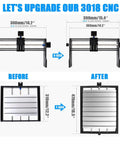 3018 CNC Upgrade Kit with X Axis and Y Axis extension, showing before and after dimensions and 390mm T8 lead screw.