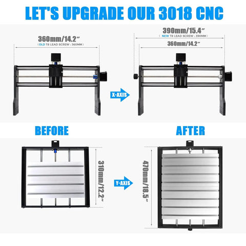 3018 CNC Upgrade Kit with X Axis and Y Axis extension, showing before and after dimensions and 390mm T8 lead screw.