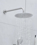 Shower Faucet System, 10-Inch Round Head, 5-Spray Handheld, Brushed Nickel with water flowing from the round head.