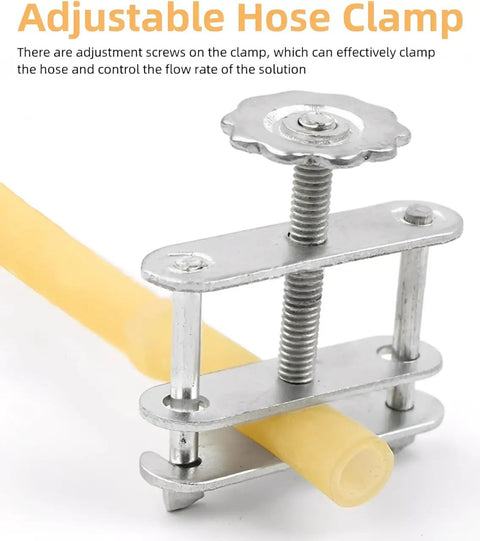 12Pcs Heavy Duty Tube Water Stopper Steel Telescopic Flow Control Tubing Clamps with adjustable screws in use on yellow hose