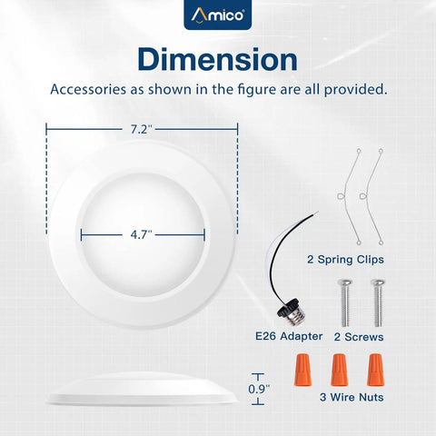 Dimensions and accessories for 24 Pack 5 To 6 Inch LED Disk Lights Dimmable Flush Mount Downlights with hardware included.