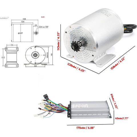 36V 1000W Brushless DC Mid Motor Kit with 3100 RPM no load, includes speed controller and wiring for go karts, e-bikes, and scooters.