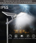 IP65 Solar Street Light Outdoor IP65 Security Flood Light With Remote Control, highlighting dusk-to-dawn feature in rain.