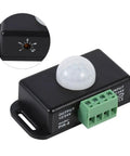 Motion Sensor Light Switch For Indoor Use Auto On Off DC 12V 24V Motion Activated Controller For LED Light Strips Smooth Flicker Free Output Infrared Detection black PIR sensor switch with green terminal block