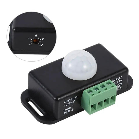 Motion Sensor Light Switch For Indoor Use Auto On Off DC 12V 24V Motion Activated Controller For LED Light Strips Smooth Flicker Free Output Infrared Detection black PIR sensor switch with green terminal block