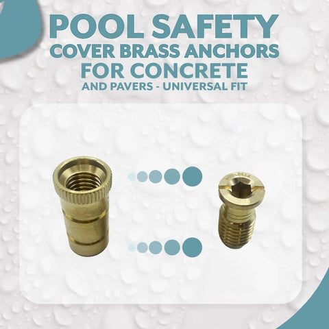 Brass Pool Safety Cover Anchors For Concrete And Pavers Three Quarters Inch Hole Universal Fit 10 Pack Durable Hardware For Most Pool Covers Easy Install Weather Resistant shown in image.