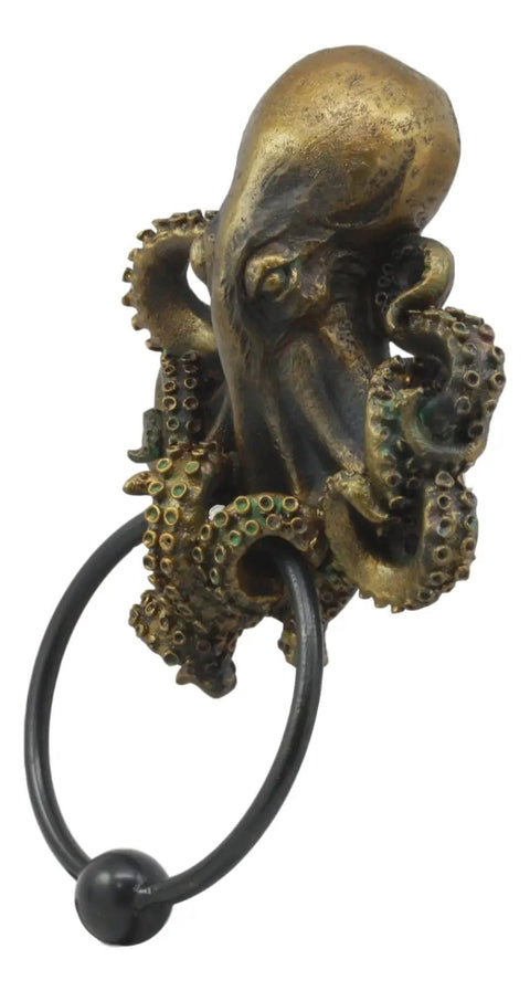 Nautical Gothic Mythical Sea Monster Door Knocker Wall Mount Polyresin Figurine With Antique Metallic Finish Realistic Kraken Octopus Creature