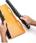 Hands assembling Two Piece Reversible Wrench Rack Set With 16 Slots Per Rack For Up To 32 SAE And Metric Wrenches Up To 1 Inch Or 25 Mm