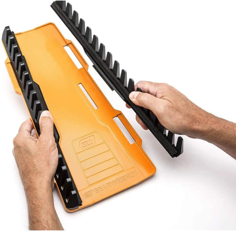 Hands assembling Two Piece Reversible Wrench Rack Set With 16 Slots Per Rack For Up To 32 SAE And Metric Wrenches Up To 1 Inch Or 25 Mm