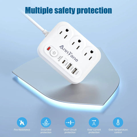 US To Europe Travel Plug Adapter With 4Ft Extension Cord Not For UK A Must Have Travel Essential For Germany France Greece Spain Italy Austria Netherlands And Other European Countries shown with multiple safety protections