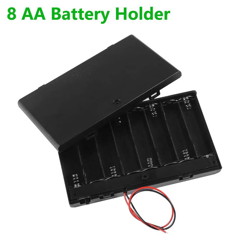 Kickass Hella Heavy Duty Eight Cell AA Battery Holder Box with toggle switch, open revealing slots for batteries and lead wires.