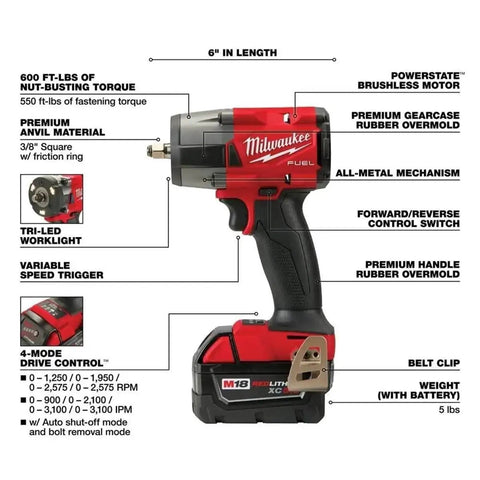 M18 FUEL 1/2 Inch Hi Torque And 3/8 Inch MTIW Automotive Combo Kit Red 3010-22 diagram with features labeled