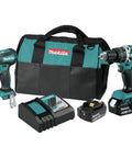18V LXT Brushless Cordless Drill and Impact Driver Combo Kit with 5.0Ah Batteries, tool bag, and charger displayed.