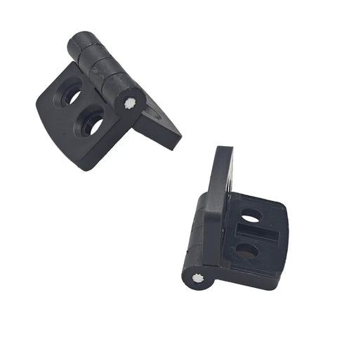 Top Shelf Black Plastic Hinges Featuring Premium Hardware Included Making Electrical Cabinet Mounting A Snap While Offering Lock Tight Security And Snappy Action For Tool Boxes And Storage Cabinets, showcasing two hinges from different angles.