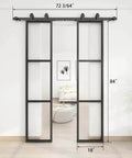 Two Sets Of 18 Inch By 84 Inch Three Paneled Frosted Glass Double Barn Doors With Carbon Steel Frame And Hardware Kit Soft Close Included Easy To Install, front view installed in living space, showing dimensions