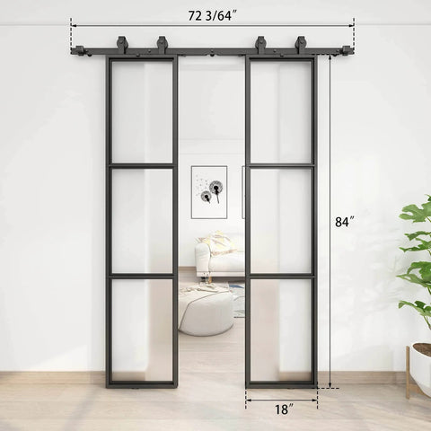 Two Sets Of 18 Inch By 84 Inch Three Paneled Frosted Glass Double Barn Doors With Carbon Steel Frame And Hardware Kit Soft Close Included Easy To Install, front view installed in living space, showing dimensions
