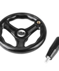 Smooth Operation 3 Spoke Hand Wheel 125mm Diameter With 12mm Bore And Revolving Handle For Lathe Milling Machine Grinder Industrial Tool Adjustments. Black rotary dial with removable handle.