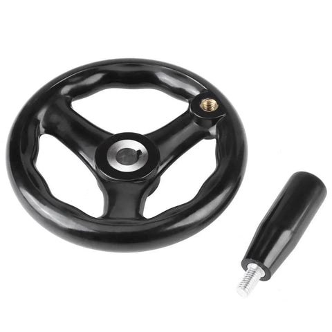 Smooth Operation 3 Spoke Hand Wheel 125mm Diameter With 12mm Bore And Revolving Handle For Lathe Milling Machine Grinder Industrial Tool Adjustments. Black rotary dial with removable handle.