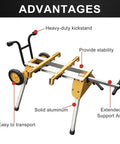 Rolling Table Saw Stand Built For Heavy Duty Jobs, Go-To Portable Foldable And Easy To Move, Fits Saws Like DW744, DW745 And More, Durable Lightweight Mobile Stand For Job Sites And Workshops shown with labeled parts and features.