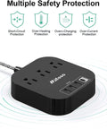 Power Strip With USB C And 3 Outlets, 4 USB Ports, 4.5A Flat Plug Desktop Charging Hub with multiple safety protections visible