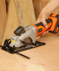 Compact Cordless Mini Circular Saw 20V Battery Powered With Blazing 3400 RPM Motor used on wooden surface for precise cutting.