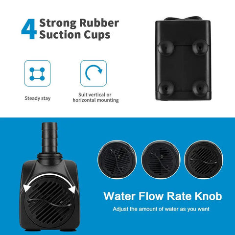 Ultra Quiet Submersible Water Pump 300GPH 1100L/H 21W with 4 rubber suction cups and flow rate knob visible