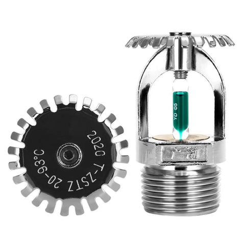 Six Pack Tough As Nails Upright Fire Sprinkler Heads Quick Trigger Response Half Inch Thread Solid Nickel Plated Copper 93 Degree Activation Workhorse Kitchen And Boiler Shield detail view of sprinkler head with glass bulb and nickel plating.