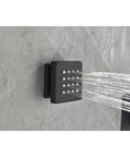 Wall Mounted Shower System with 6 Body Sprays and Hand Shower featuring a matte black body spray panel with flowing water.