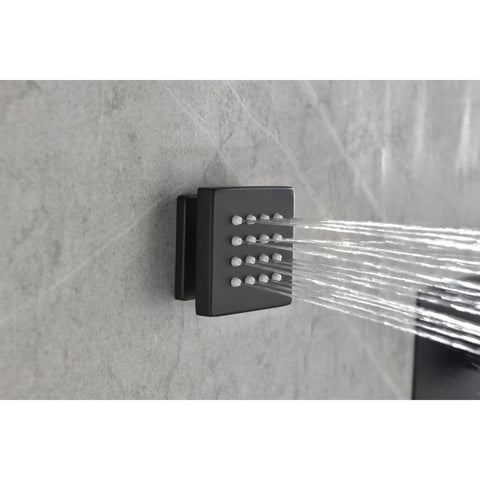 Wall Mounted Shower System with 6 Body Sprays and Hand Shower featuring a matte black body spray panel with flowing water.