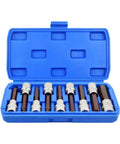 Nine Piece Chrome Alloy Steel Hex Socket Set With Square Drive Featuring Mirror Polish Sockets And Zinc Phosphate Bits in blue case open.